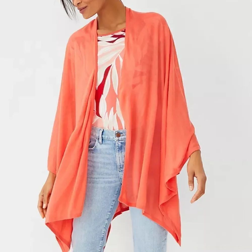 Artisan NY Coral Color Linen Open Front Poncho Cover Up One Size